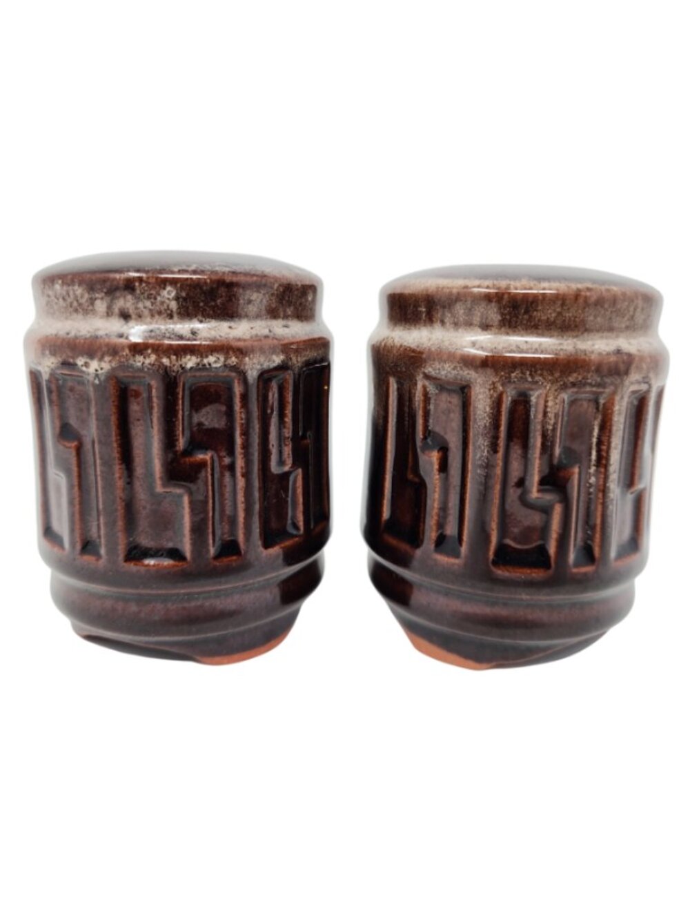 Vtg MCM Redware Brown Drip Glaze 3.5" Greek Key Relief Salt & Pepper Shaker Set